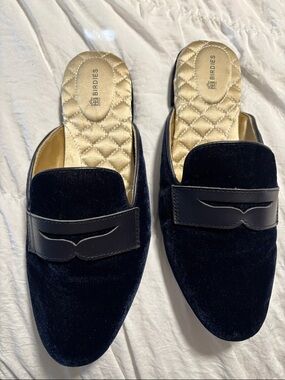 Birdies Navy Velvet Backless Mules with Gold Quilted Insole